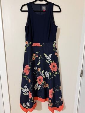 Vince Camuto Navy Midi Dress with Coral Floral Print